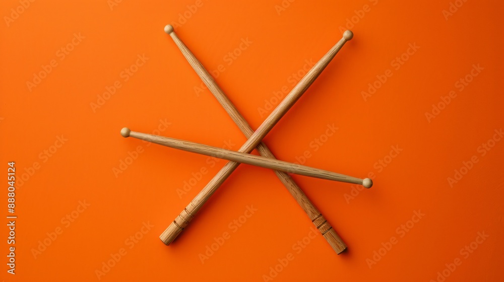 A pair of drumsticks crossed against a solid orange background