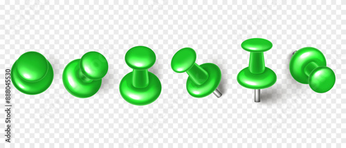 Vector 3D green push pin with shadow isolated on transparent background. Set of realistic plastic thumbtack in different angles.