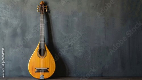 A sleek lute against a solid charcoal background photo