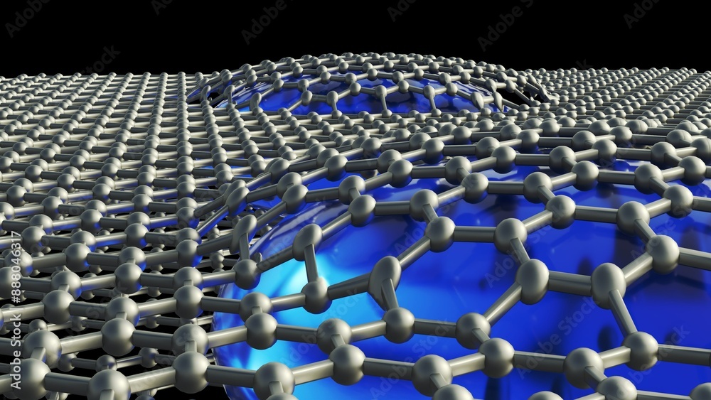 Fototapeta premium 3D rendering of a graphene liquid cell. This technology allows scientists to study materials and processes at the atomic level within a liquid environment.