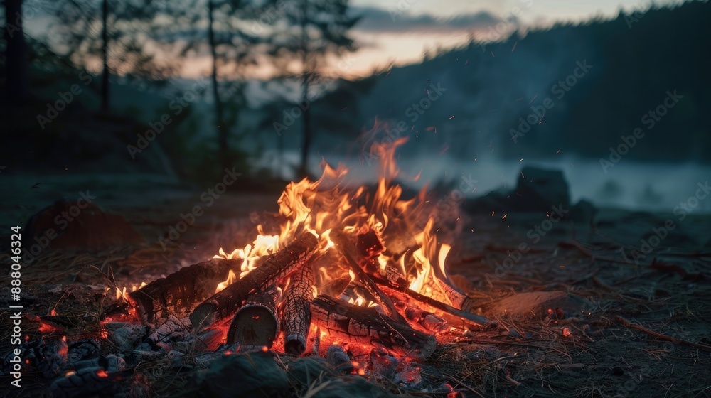 Full-frame image capturing the warmth and glow of a bonfire with smoldering firewoods Full-frame image capturing the warmth and glow of a bonfire with smoldering firewoods