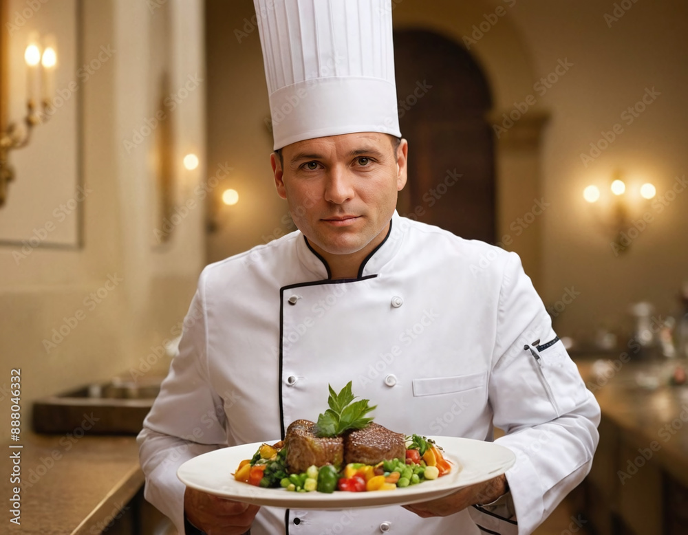 master chef proudly presenting a beautifully plated dish master chef proudly presenting a beautifully plated dish