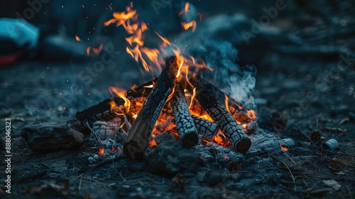 Full-frame image capturing the warmth and glow of a bonfire with smoldering firewoods