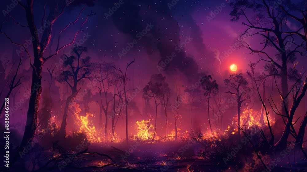 Fototapeta premium raging flames engulf a dense forest at night illuminating the devastating impact of wildfires on fragile ecosystems
