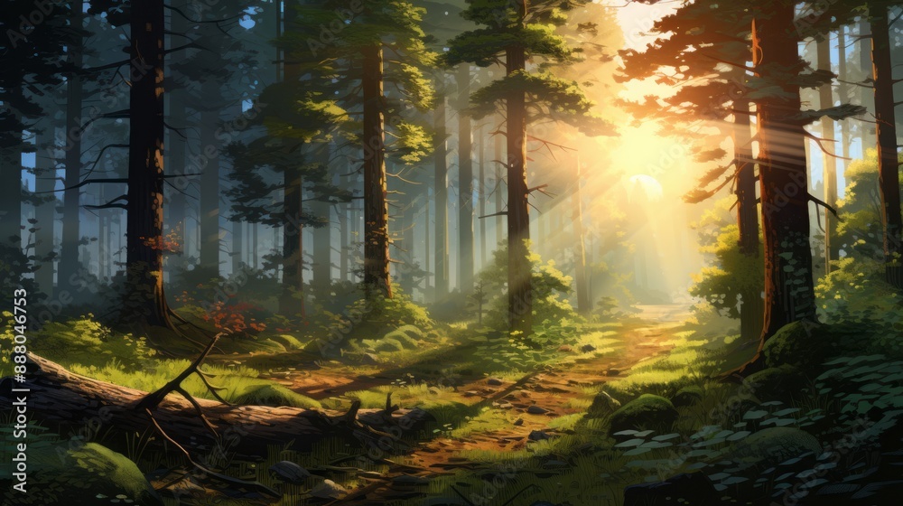 Obraz premium Foggy forest landscape at sunset with rays of lights shining through the trees