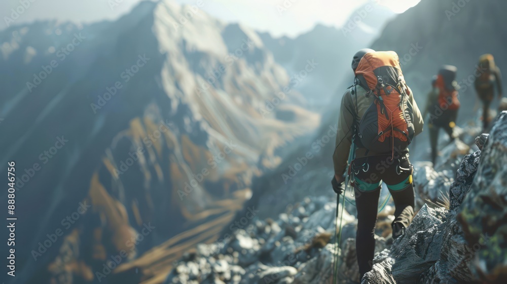 Obraz premium A close-up scene of climbers ascending a mountain trail, viewed from a slightly elevated angle