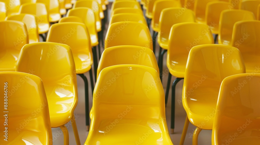 Fototapeta premium Minimalist classroom chairs in solid yellow, arranged neatly in rows