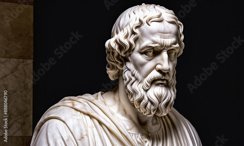 marble statue of a classical philosopher, set against a dark background