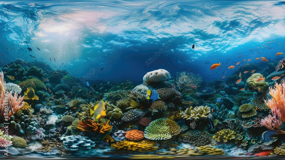 Fototapeta premium Panoramic view of a bustling marine ecosystem with coral and fish