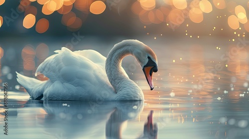 Fototapeta Naklejka Na Ścianę i Meble -  Peaceful white swan swimming gently with soft bokeh lights in the background