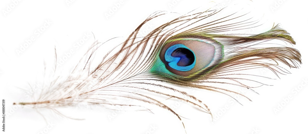 Obraz premium Copy space image featuring a single peacock feather on a white backdrop