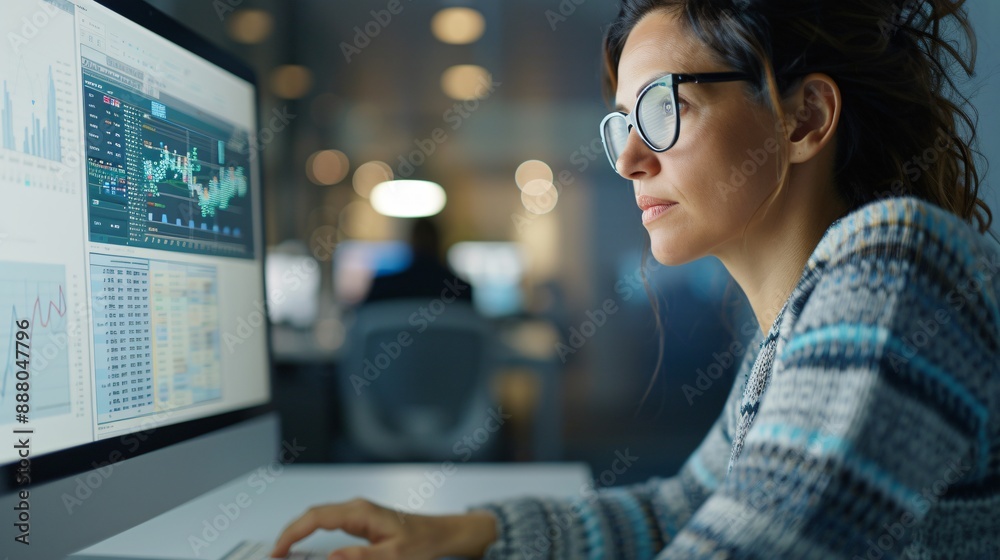 Modern Businesswoman Analyzing Fintech Reports on Desktop Computer in Corporate Office Modern Businesswoman Analyzing Fintech Reports on Desktop Computer in Corporate Office