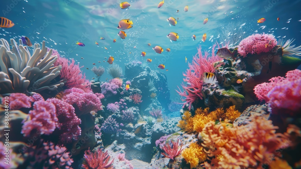 Naklejka premium Tropical underwater paradise with colorful corals and small fish
