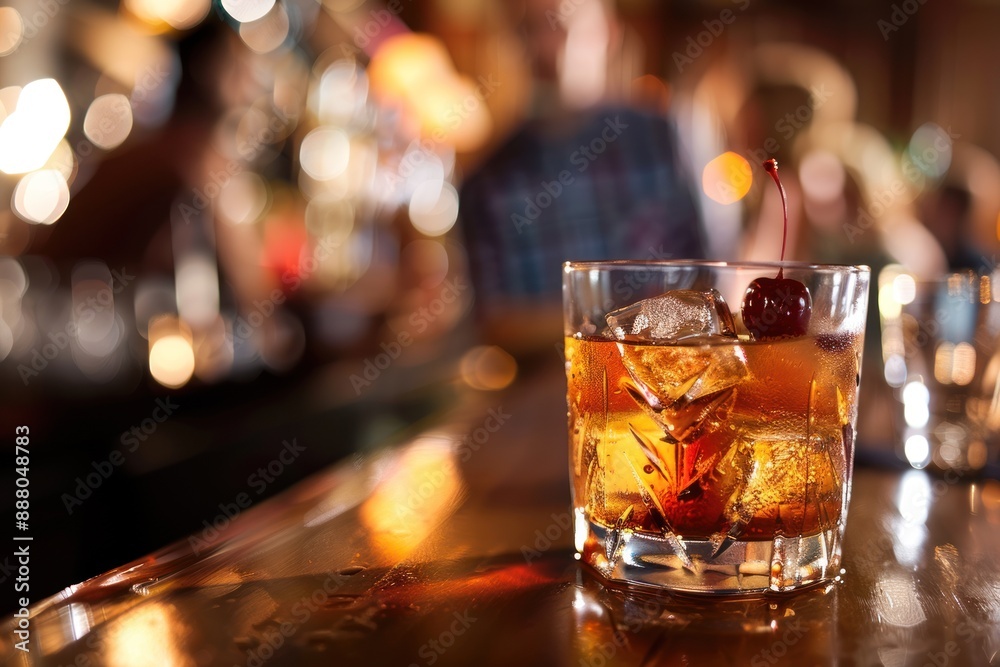 Close-up of a Cocktail with a Cherry on a Bar Counter Close-up of a Cocktail with a Cherry on a Bar Counter