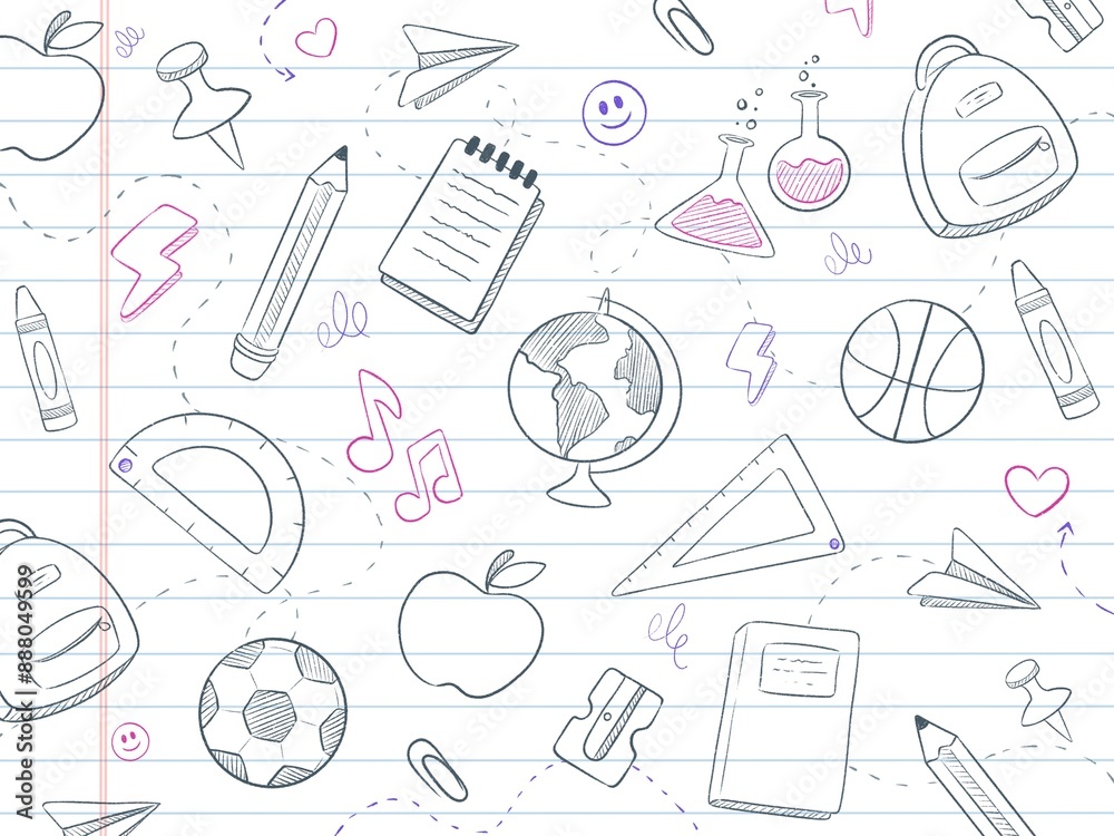 Illustration back to school doodle on a paper background with a pencil path style, pink and purple colors Illustration back to school doodle on a paper background with a pencil path style, pink and purple colors