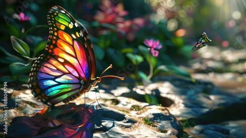 whimsical insect with ornate angular wings casts an enchanting shadow across a magical landscape in a 3d rendered scene photo