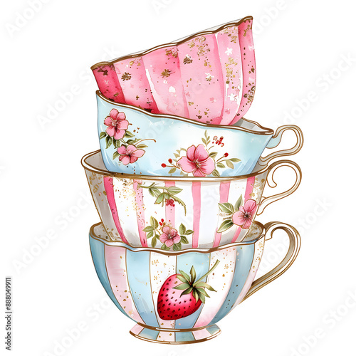Vintage porcelain tea cups stacked. Beautiful elegant retro illustration in watercolor style. Isolated element for design, clip art, sticker