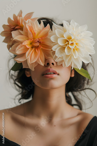 A woman from shoulders up, her face adorned with exquisite flowers