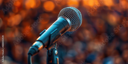 Close-up of a microphone with a blurred crowd in the background, highlighting focus on the speaker's tool.