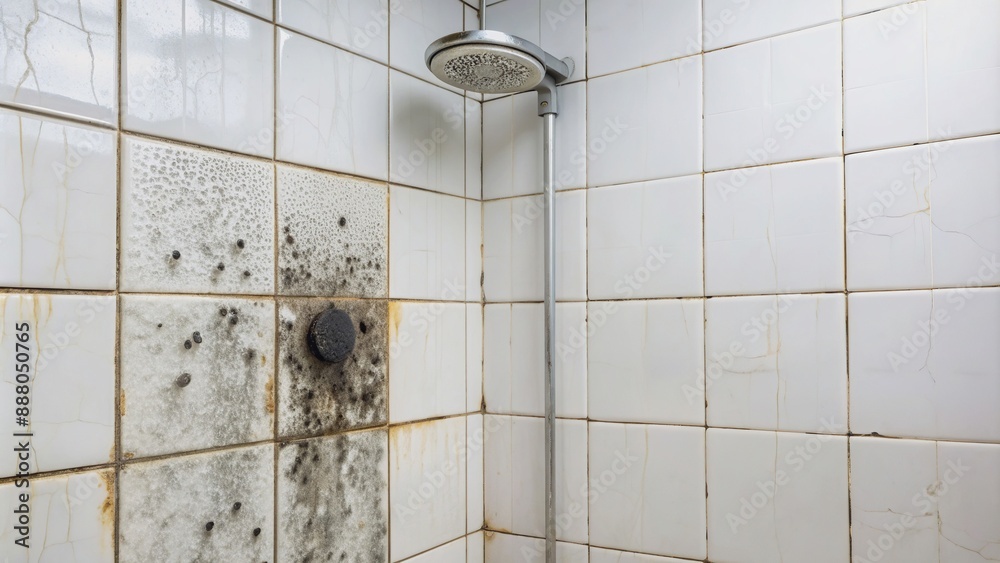 Black mold spreading on white shower tiles in bathroom, growth, tiles ...