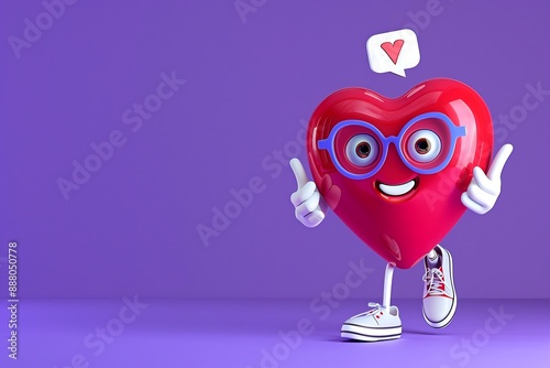 cute 3D red heart character with glasses, concept for social medai, social support, health care, medical help and cardiology, free space for text photo