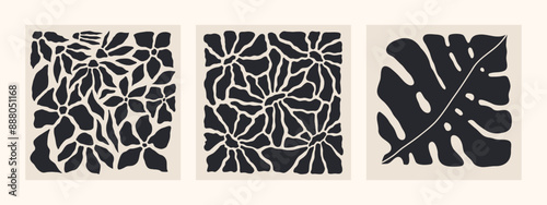Abstract groovy floral square posters. Modern trendy Matisse minimal style. Hand drawn retro design for wallpaper, wall decor, print, postcards, covers, templates, banners. Black and beige colors