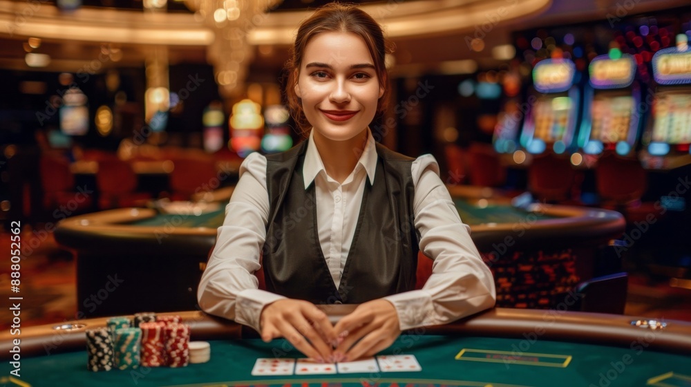 A woman is sitting at a poker table with a pile of chips in front of her A woman is sitting at a poker table with a pile of chips in front of her