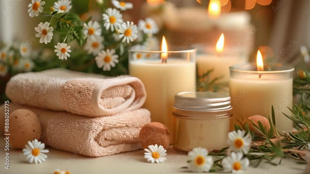 A calming spa setting with candles, towels, and natural elements. A calming spa setting with candles, towels, and natural elements.
