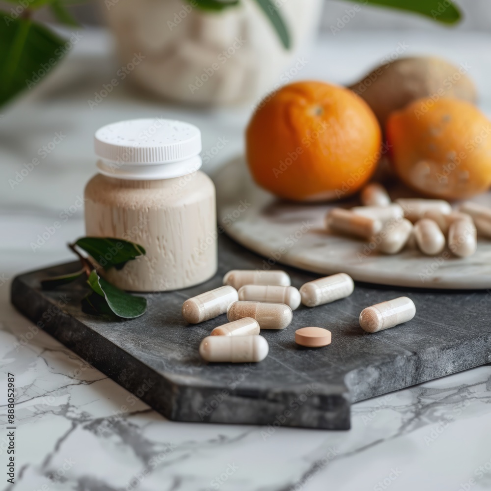 A detailed view of a magnesium supplement bottle with tablets and various magnesium-rich foods.