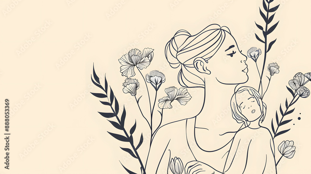 Mother's Day Banner: Simple Black Line Sketch on Clean Background. Mother's Day Banner: Simple Black Line Sketch on Clean Background.