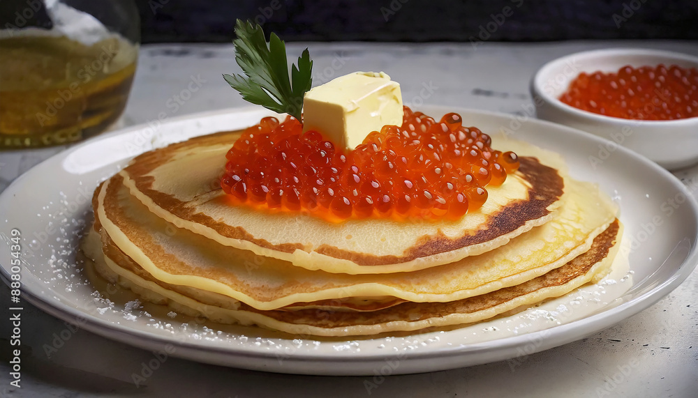 Stack of pancakes with red caviar and butter. Delicious breakfast on white plate. Homemade food