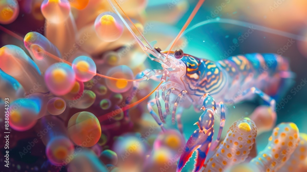 Obraz premium A close-up photograph of a beautiful shrimp, vibrant colors, intricate patterns, near a stunning coral reef