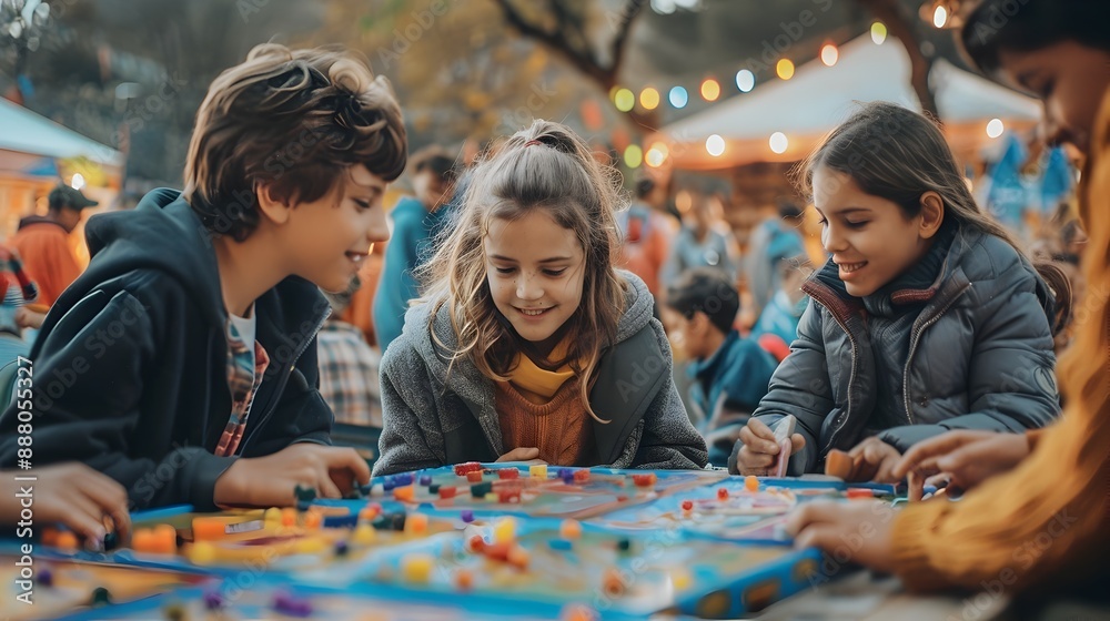 Fototapeta premium Childhood Friends Sharing Joyful Board Game at Vibrant Festival