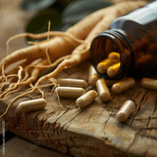 A lifelike depiction of a ginseng supplement bottle with capsules and a ginseng root.