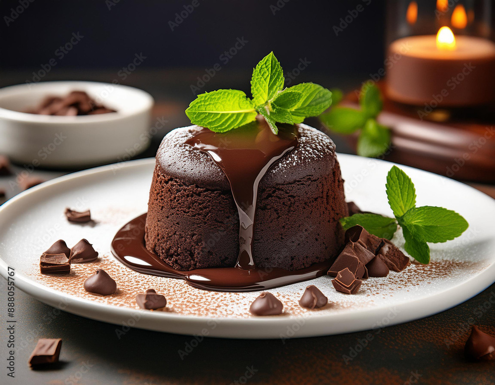 A decadent chocolate lava cake with a perfectly crispy exterior and a melted center A decadent chocolate lava cake with a perfectly crispy exterior and a melted center