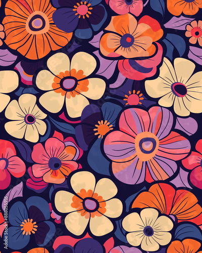 Wallpaper Mural 70s retro groovy flowers, bold colors, vector illustration pattern, purple background, orange pink and navy blue color palette Torontodigital.ca