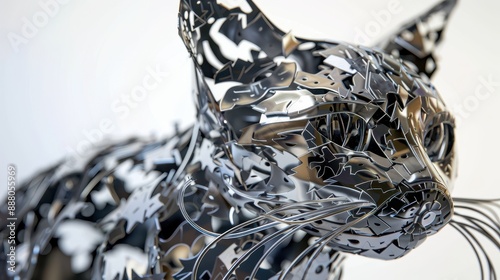 A close-up view of a cat constructed from scrap metal pieces, featuring unique and elaborate patterns, isolated on a white background photo