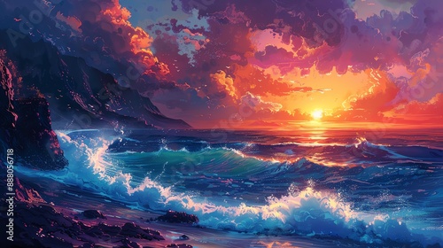 Breathtaking coastline with rugged cliffs, crashing waves, and a vibrant sunset