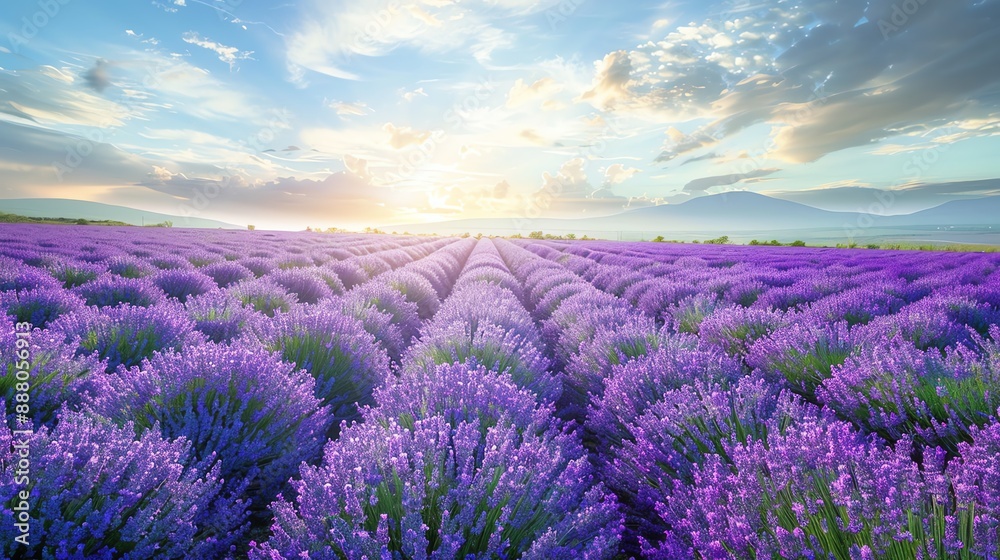 Fototapeta premium Idyllic lavender field in full bloom, with rows of purple flowers stretching to the horizon