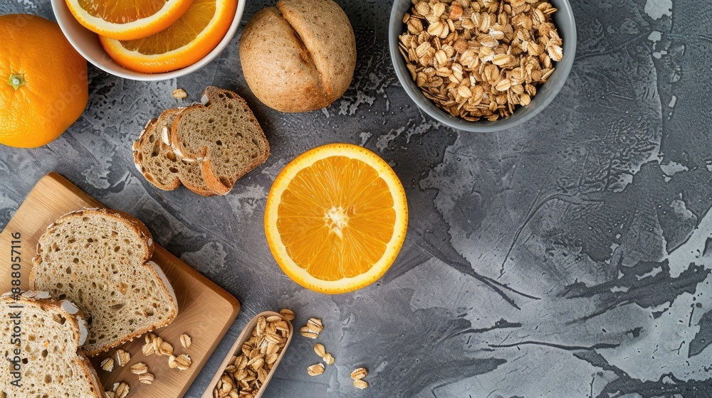Top down view of granola toast and oranges on grey surface with copy space Top down view of granola toast and oranges on grey surface with copy space