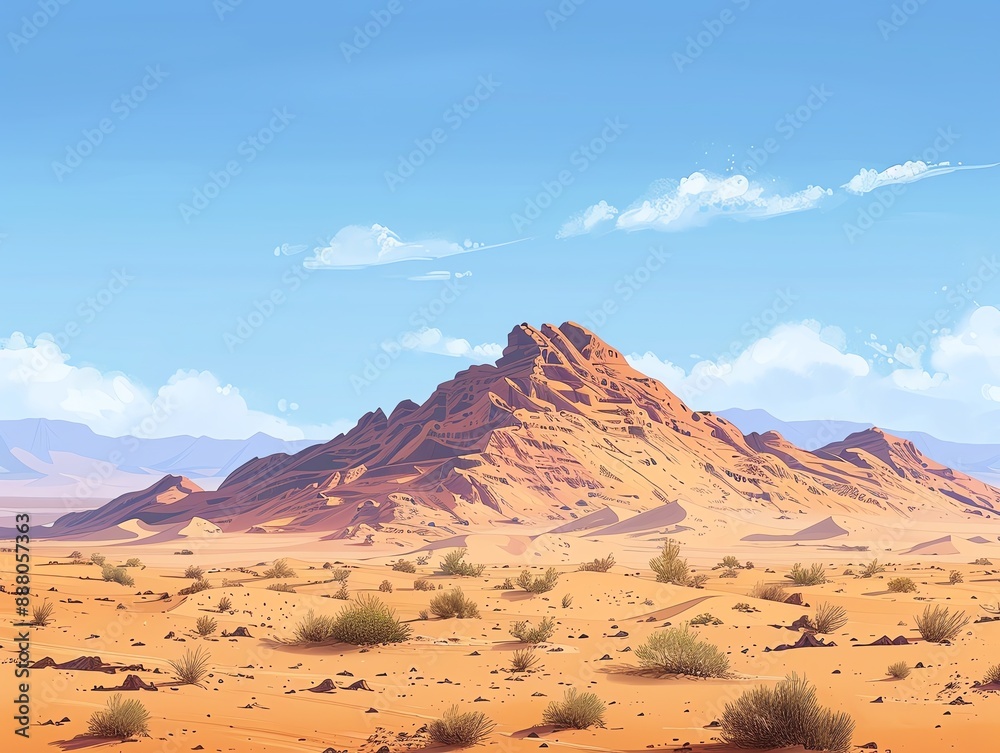Naklejka premium Peaceful desert landscape with rolling sand dunes, a clear blue sky, and sparse vegetation
