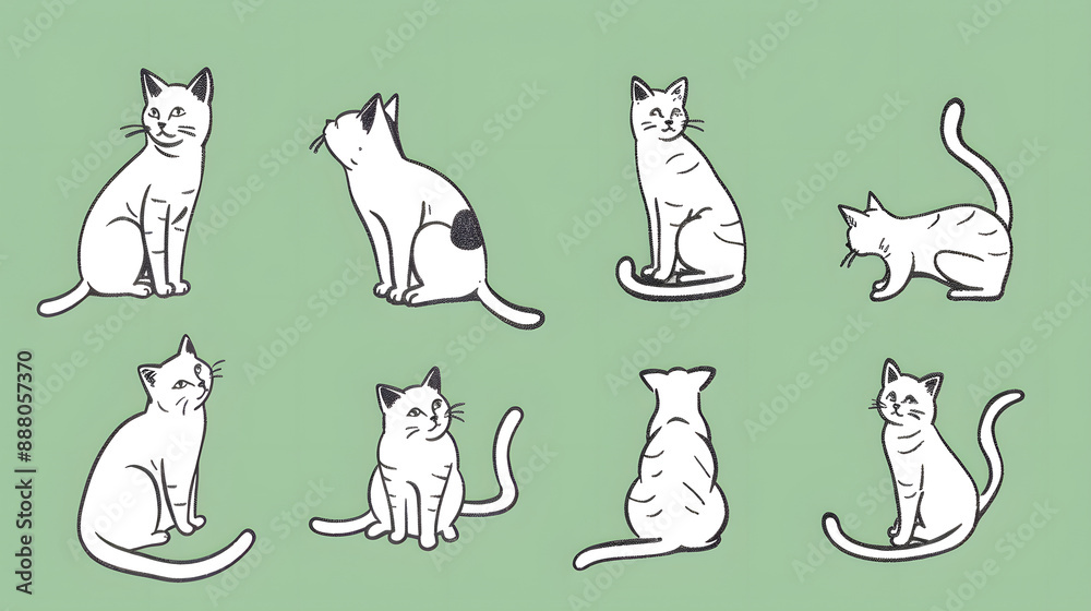 Simple Sketch of Cats in Various Poses on Light Green Background. Simple Sketch of Cats in Various Poses on Light Green Background.