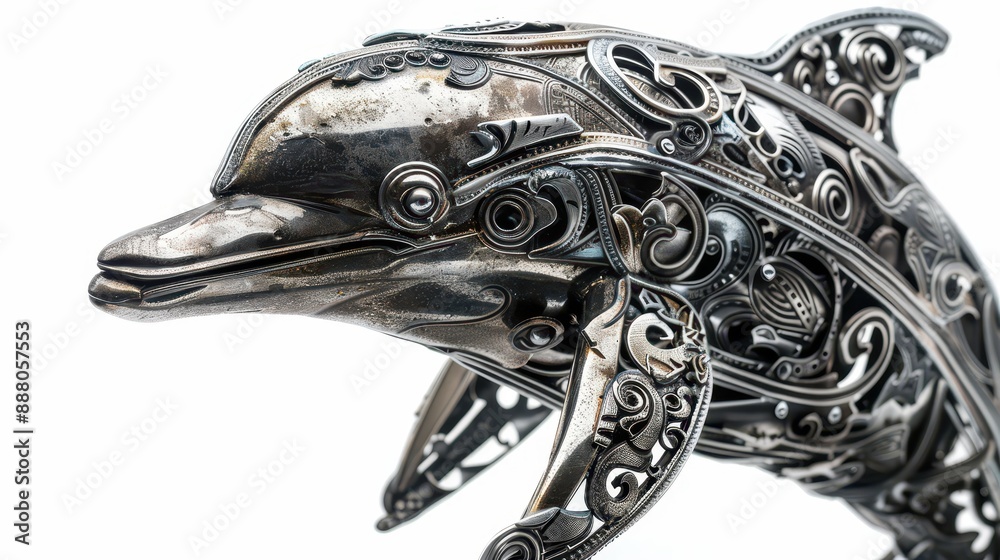 A macro shot of a dolphin made from scrap metal, featuring exquisite Thai Kanok designs and unusual patterns, isolated on a white background A macro shot of a dolphin made from scrap metal, featuring exquisite Thai Kanok designs and unusual patterns, isolated on a white background