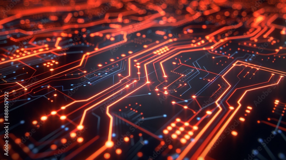 Abstract Circuit Board with Red Glowing Lines. Abstract Circuit Board with Red Glowing Lines.