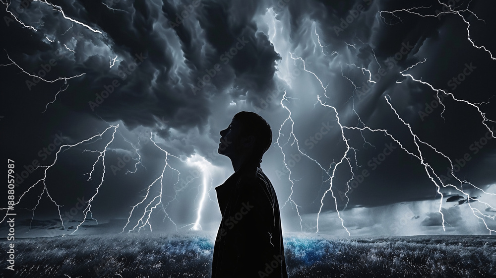 Obraz premium Silhouette of a person in a storm, conveying a sense of fear, uncertainty, and despair. Can be used in weather-related content or to symbolize struggle and isolation.