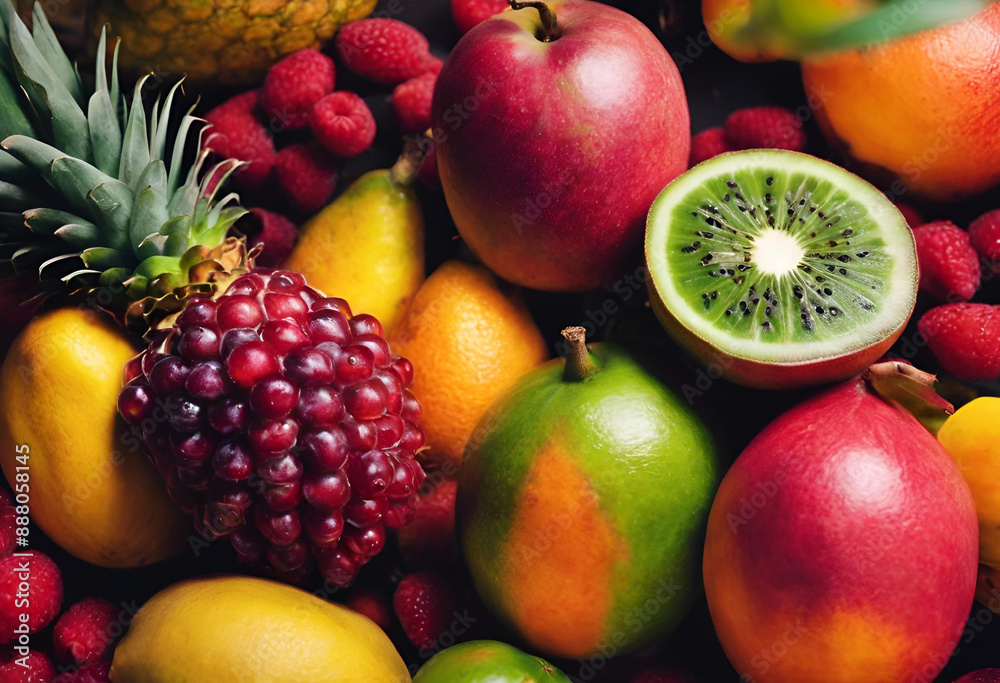 Un assortiment de fruits frais comprenant de l'ananas, de la grenade, du kiwi, de la mangue et des framboises. Un assortiment de fruits frais comprenant de l'ananas, de la grenade, du kiwi, de la mangue et des framboises.