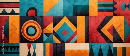 Intricate artwork with geometric designs and vibrant colors