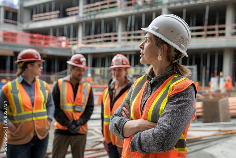 Construction workers in safety gear discussing at a building site, focused on teamwork and project progress. Womens Equality Day, women on work, women in leadership