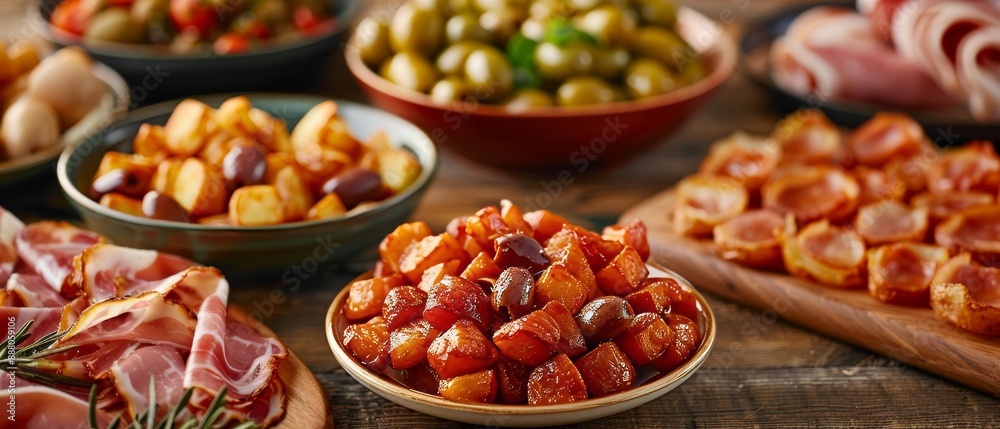 Traditional Spanish tapas spread with patatas bravas Traditional Spanish tapas spread with patatas bravas