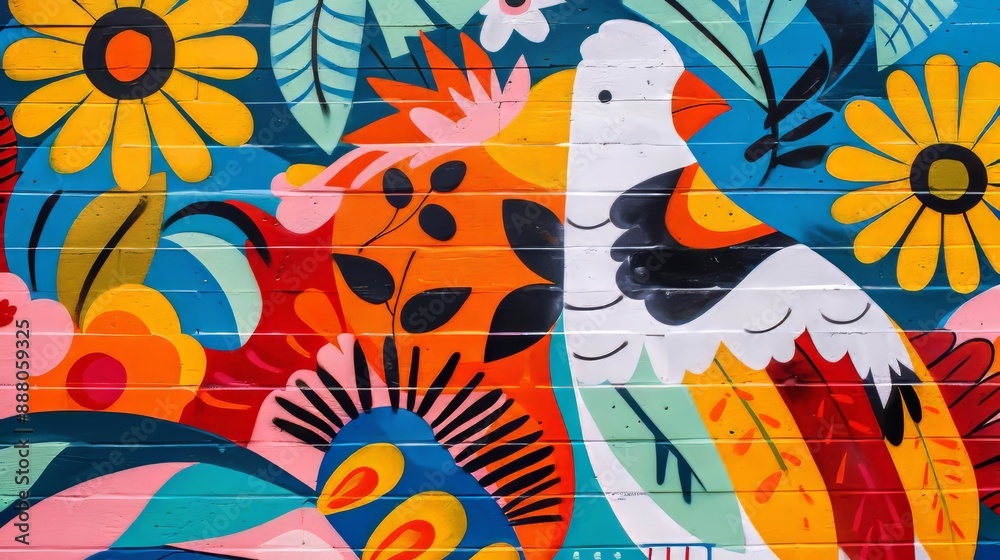 Vibrant mural depicting Hispanic cultural heritage with colorful patterns